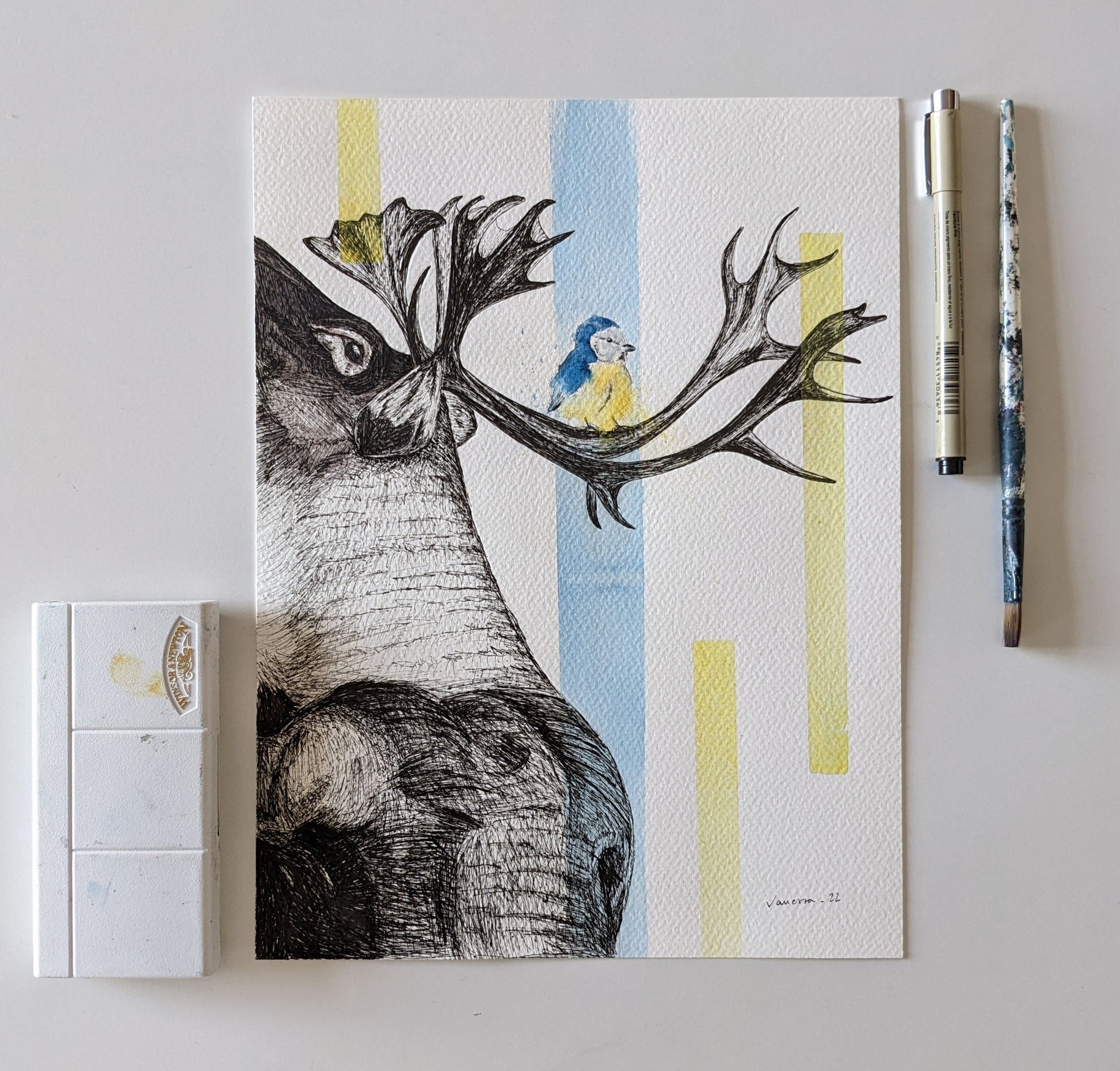 Moose and a tit illustration using ink and watercolor, and using hints of blue of yellow in accents, with pencil mediums in photo.